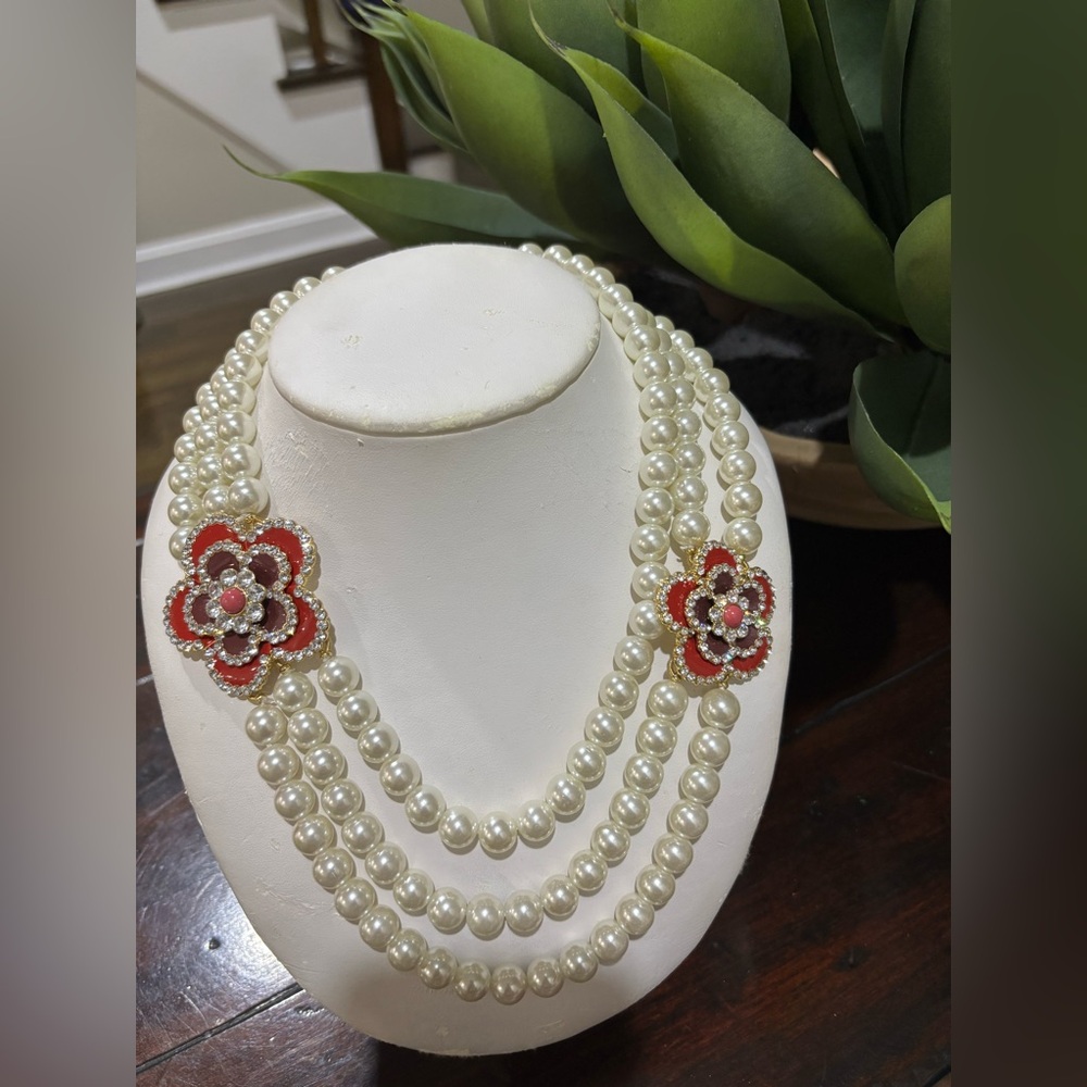 Talbots Faux Pearl Triple-Strand Necklace with Red Flower Accents